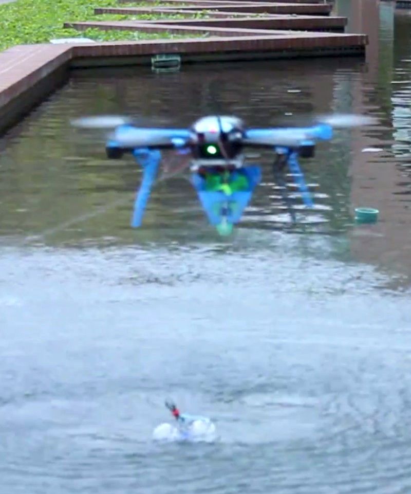Drone reading sensor tag in water